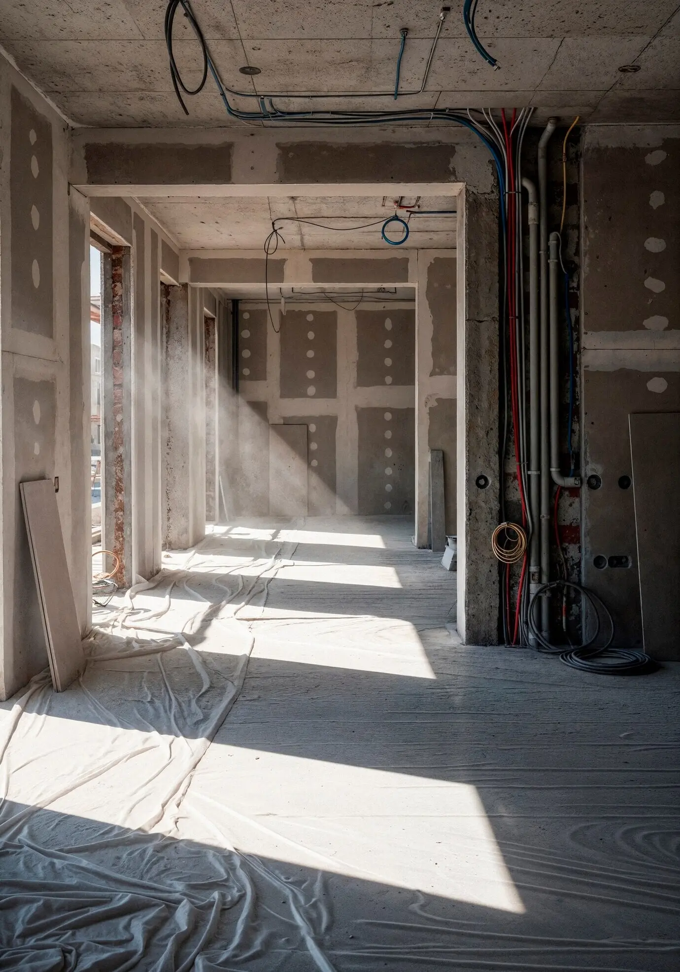 Innenbereich einer Baustelle mit Sonnenlicht